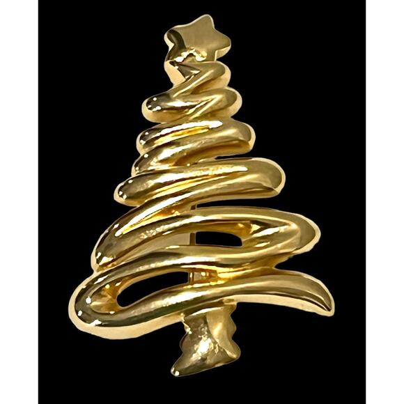 Gold Christmas Tree Brooch Pin 2.5” Fernando Originals Designer Signed FO Vtg - Picture 2 of 4